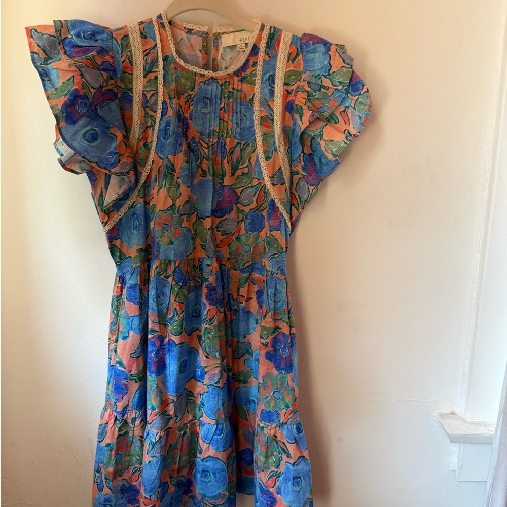 PINCH Floral Ruffle Mini Dress - Blue & Peach Watercolor Print